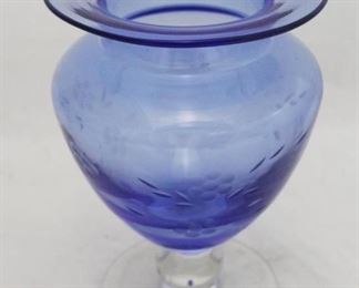 418 - Etched blue glass vase 6 1/4 x 8 3/4