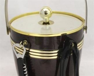 454 - Vintage ice bucket w/ tongs & opener 8 x 14 1/2
