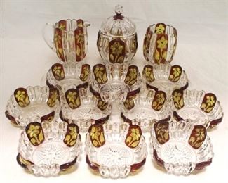 455 - 14 Piece early pressed glass set Red & yellow floral panels