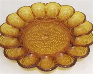 489 - Amber deviled egg plate 11" round