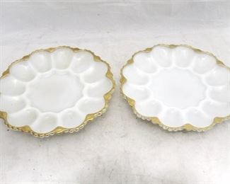 513 - 2 Golden rim milk glass egg plates 9 3/4"