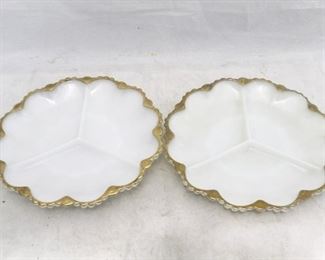 514 - 2 Golden rim milk glass relish plates 10"