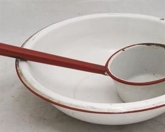 523 - Enamel red rim bowl & ladle 12 1/2"