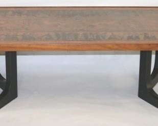 627 - Engraved copper clad top coffee table engraved with horse & chairots & soldiers 17 x 61 x 26