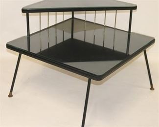 635 - Atomic metal & wood corner table with glass tops 23 x 28 x 28