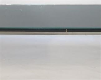 636 - Atomic metal & wood coffee table with glass top 16 x 40 x 18
