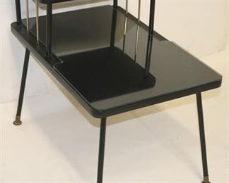 637 - Atomic metal & wood step down side table w/ glass 24 x 17 x 25