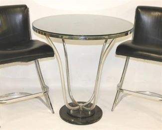705 - Three piece deco high top table & chrome barstools table 31 x 30 round stools 33 x 19 x 24