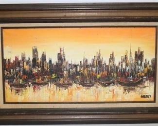 704 - Artist signed mid-century abstract oil on canvas 19 1/2 x 31