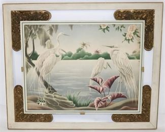 709 - 1950s Carved frame with cranes print 30 x 35 1/2