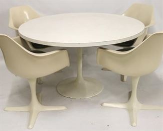 713 - 5 Pc Burke tulip dining set Propeller base arm chairs olive seat cushions table 28 x 48 round chairs 32 x 25 x 24