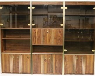 715 - Three part bookcase and bar w/ glass doors 71 tall x 92 (each section 30 1/2) wide x 15 deep Some handles have brass rubbed off