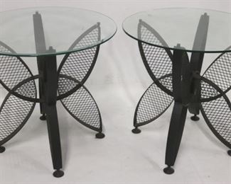 739 - Pair Tempestini Salterini butterfly tables 24 x 25 round 1 glass top beveled, 1 polished edge glass top metal base