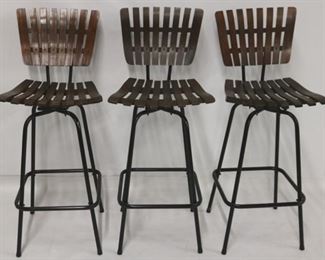 748 - 3 Arthur Umanoff wood slat vintage bar stools 42 x 17 x 19