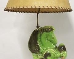 759 - 1950s Horse pottery base lamp, woven shade 37" tall