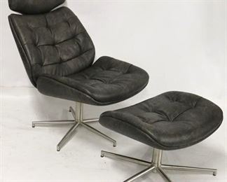 779 - Leather & chrome contemporary lounge chair with stool 37 x 23 x 16