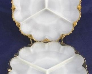 1005 - 2 Fire King milk glass divided relish dishes 10" round