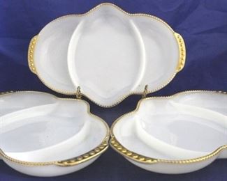 1036 - 3 Fire King Golden Anniversary relish dishes
