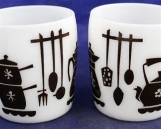 1102 - 2 Hazel Atlas Milk Glass Kitchen Aids Utensils mug Brown & White