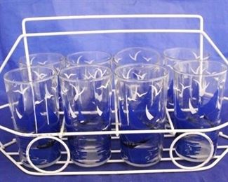 1109x - Vintage sailboat tumbler set in metal carrier 16 x 8