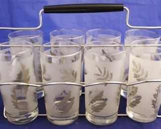 1110x - Vintage water tumblers in metal rack 13 x 9