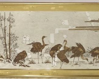 2537 - Vintage Asian style mid-century mirror with cranes 30 x 54