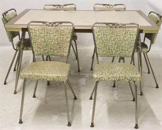 2632 - 7 Piece vintage 1950s dining set with leaf table 30 x 59 1/2 x 14 1/2 with leaf in chairs 32 x 15 1/2 x 15 1/2