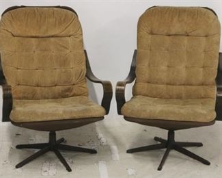 2744 - Pair Scandinavian swivel mid-century arm chairs 37 x 26 x 33 Original tufted upholstery Scarlet tag under cushion