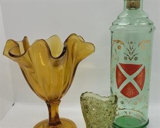 910 - Vintage glass decanter, vase & shoe