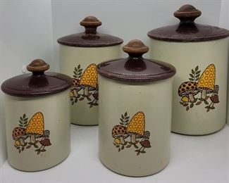 913 - Vintage set of mushroom canisters metal jar & plastic lids