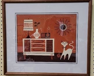 1603 - Large frame mid century orange cat print 19 x 22