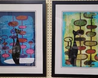 1601 - Pair large framed mid century cat prints 28 x 22