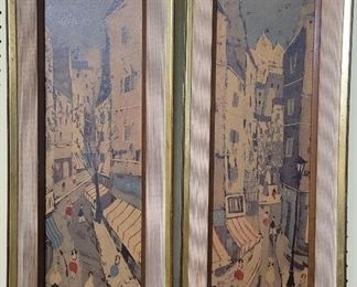 1602 - Pair framed mid century street scene prints 24 1/2 x 10 1/2