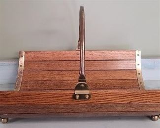 1616 - Brass & wood slat mid century log holder 15 x 13 1/2 x 19