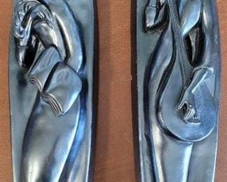 1617 - Pair hand cast & painted mid century plaques Plaster relief 22 x 5