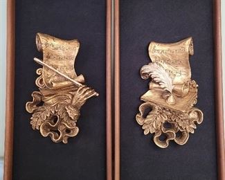 1620 - Pair tall mid century framed wall art gold relief on velvet 33 1/2 x 17