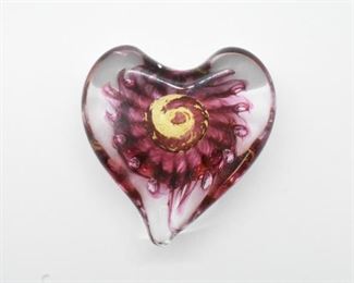 Signed Glass Heart Shaped Paper Weight