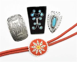 Three Bolo Tie Slides And 1 Beaded Bolo Tie