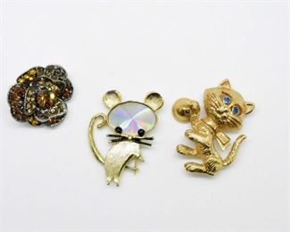 3 Brooches - 1 Cat 1 Mouse and 1 Floral