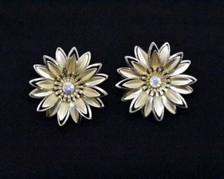 Floral Clip-On Earrings with Rhinestone in Center