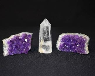 2 Amethyst Clusters & Quartz Crystal Point