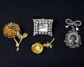 1 1/2" Rhinestone Clock & 3 Brooches