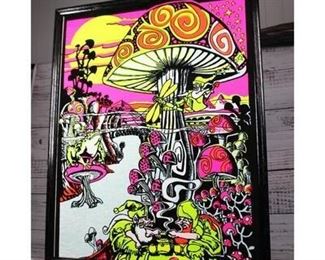 Framed Classic Blacklight Psychedelic Magic Mushroom and Gnomes Felt Poster
