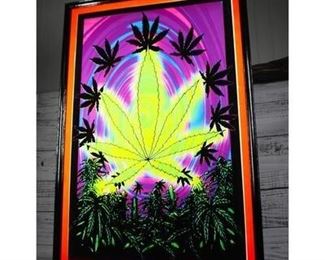 Framed Psychedelic Felt Black Light Poster Marijuana Pot Leaf Trippy