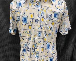 Funky Retro Geometric Blue Yellow White Button Front Mens Shirt Towncraft Medium Polyester