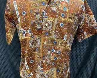 Funky Vintage Mens Button Front Brown Paisley Shirt Large Golden Arrow