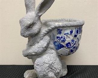 Grey Plaster Cement Rabbit Bunny with Mosaic Basket Planter Garden Yard Art