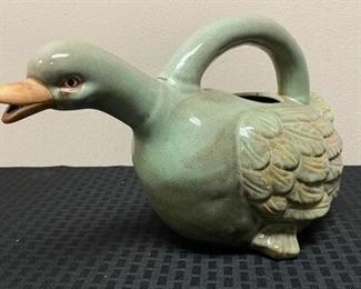 Muted Green Pottery Goose Duck Ceramic Watering Can Pitcher