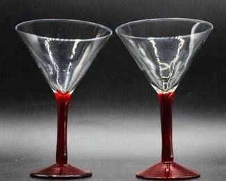 Pair of Red Stem Martini Drink Glasses Stemware