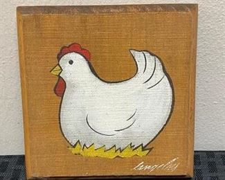 Rustic Farmhouse Hen Chicken Wall Art Painted Wood Tile